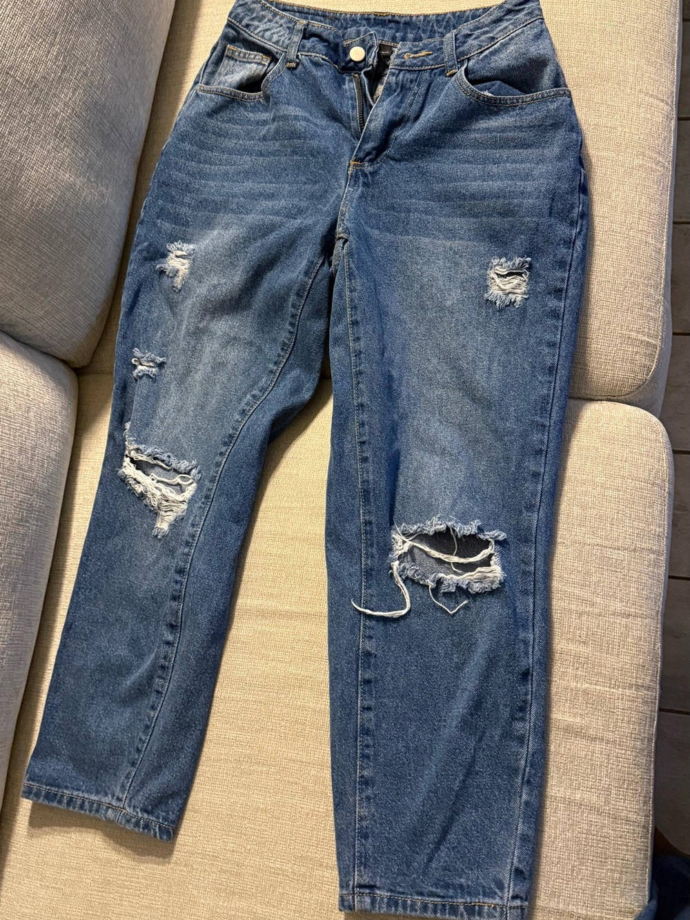 SHEIN Washed Blue Distressed Boyfriend Jeans
